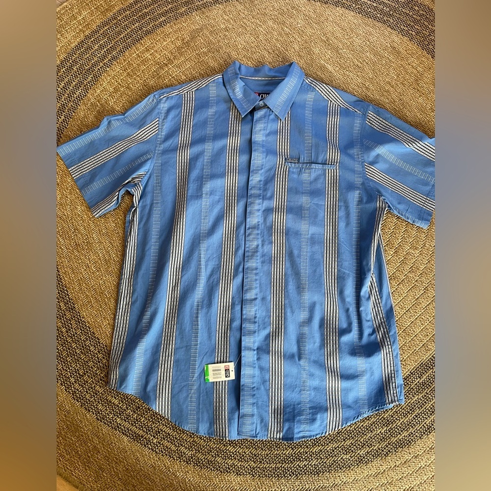 NWT Chaps blue short-sleeve button-down shirt vertical stripes & chest pocket. - Picture 9 of 11